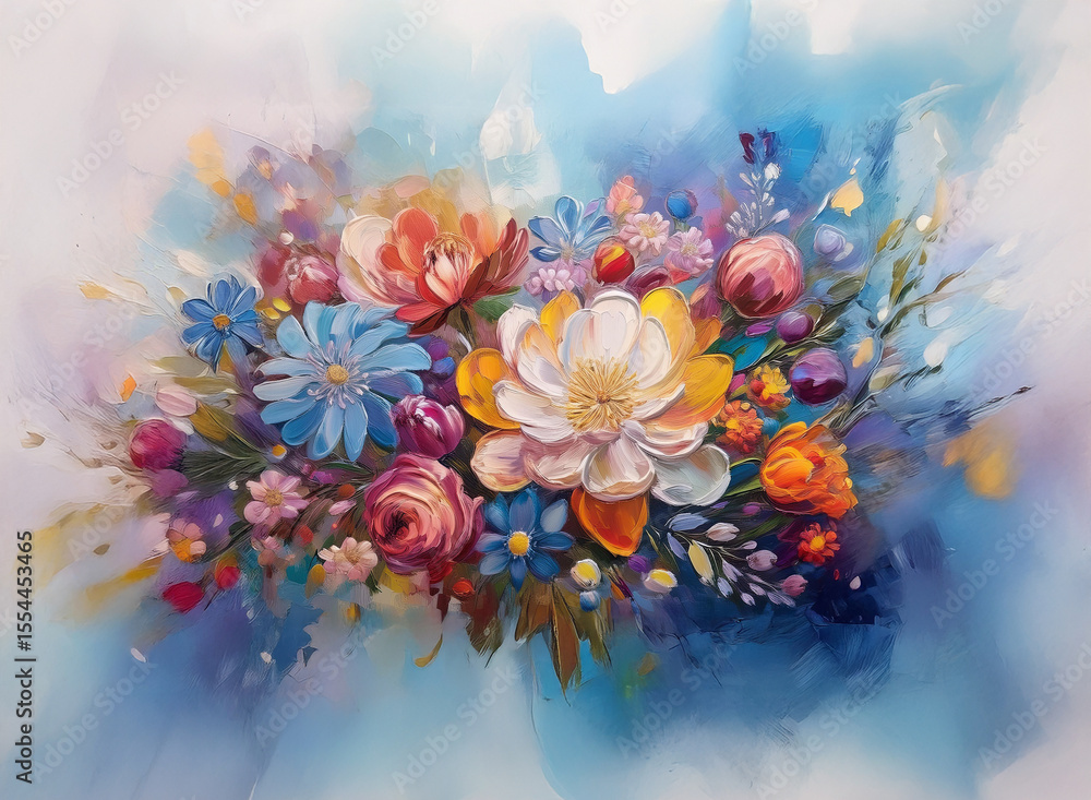 Obraz premium Vibrant bouquet of colorful flowers against a soft, blue and purple watercolor background. The painting showcases a variety of blooms in diverse hues and textures.