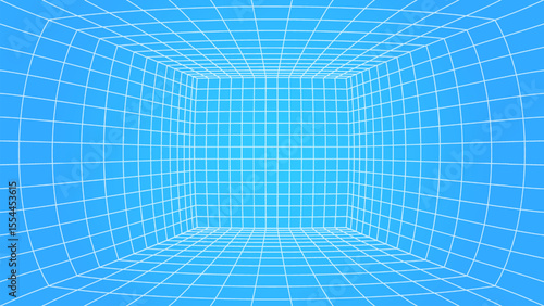3d wireframe perspective grid room template design vector illustration background. Empty 3 dimension virtual room with perspective wireframe grid geometric sketch. Cyber virtual line interior frame.