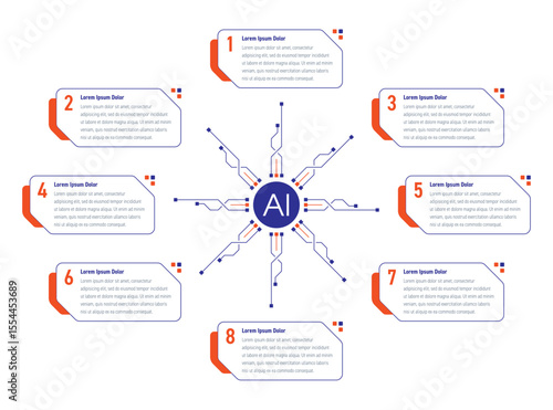 artificial intelligence infographic template. eight steps information template. infographic template for business, education, technology, electronics, industry world. information template for annual r