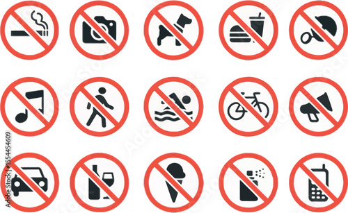  modern, flat-style prohibition icons in red circles