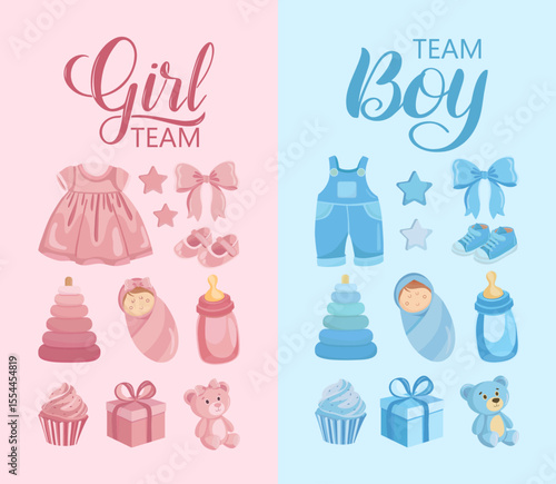 Boy or girl team Gender reveal party Pink and blue baby elements