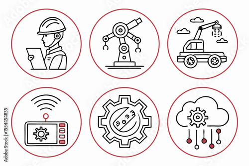 Technology icons featuring engineer robotics crane remote gear and cloud