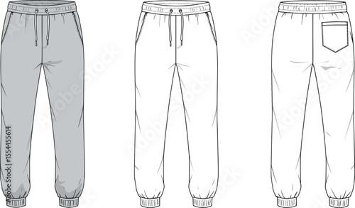 Jogger pants front and back fashion sketch, drawstring waist, cuffed ankles, casual streetwear design, stylish apparel illustration, fashion template, comfortable modern clothing concept
