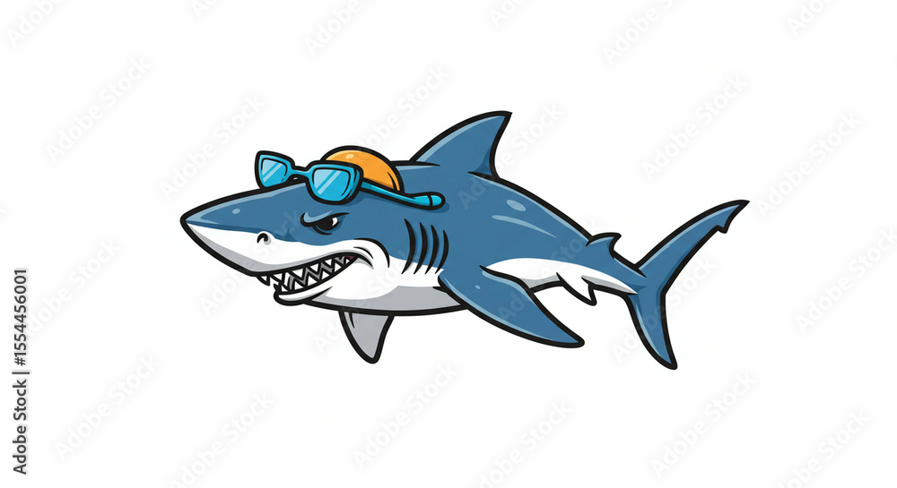 Fototapeta premium Blue cartoon shark wears sunglasses and a hat with jagged teeth on a white background