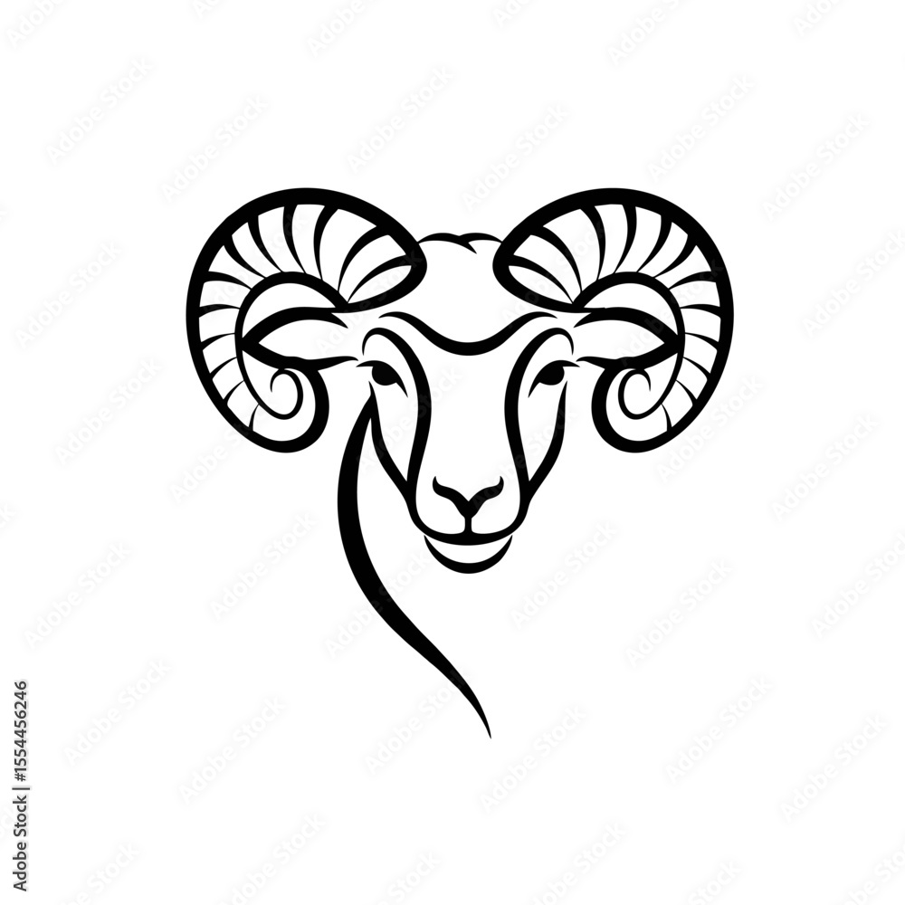 Fototapeta premium Elegant Sheep Head Logo, Abstract Line Art Forming a Sheep's Face With Spiral Horns, Black Stroke