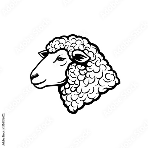 Sheep Head Logo, Side Profile With Detailed Wool Texture and Calm Expression, Clean Black Lines