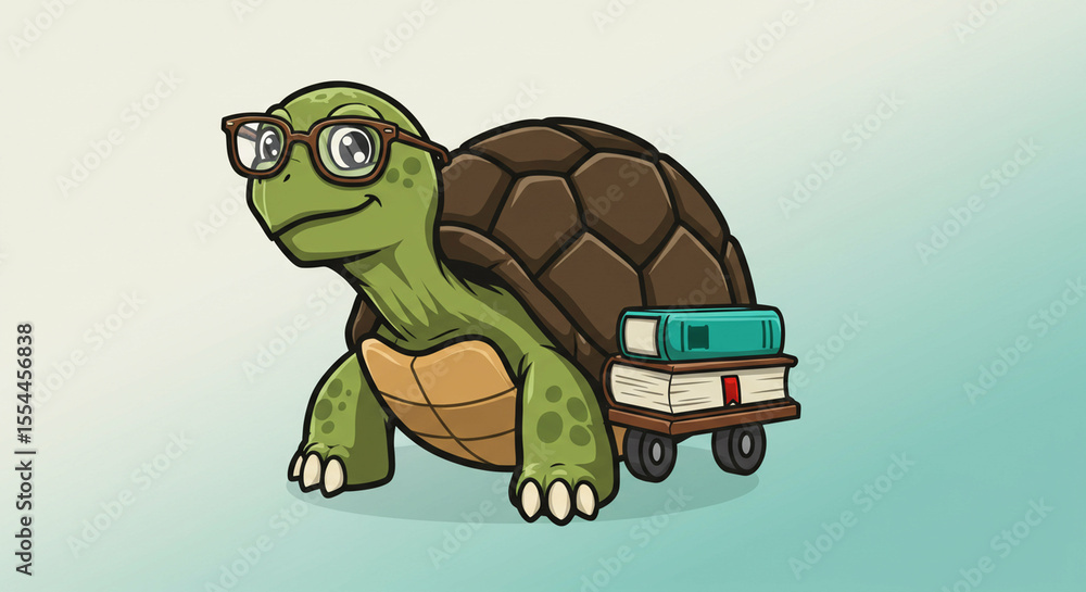 Fototapeta premium Cartoon turtle with glasses pulls a cart with two books against a light blue background
