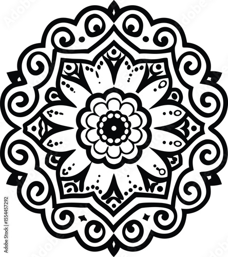 Intricate black and white mandala design with heart shapes, ornamental symmetrical pattern art

