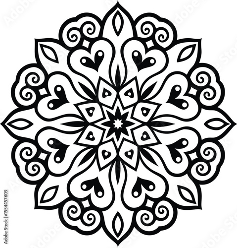 Intricate black and white mandala design with heart shapes, ornamental symmetrical pattern art

