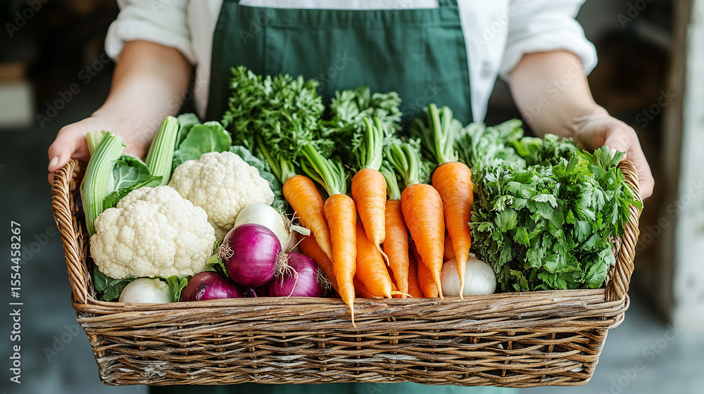 Fototapeta premium Female farmer holding in hands wooden box with fresh organic locally grown vegetables