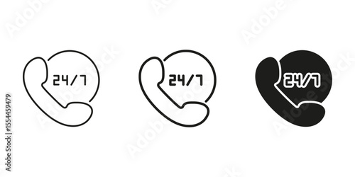 24 7 Customer Support Phone Icon Set. Round-The-Clock Service And Assistance Outline And Silhouette Symbol Collection. Communication And Helpline Availability. Isolated Vector Illustration