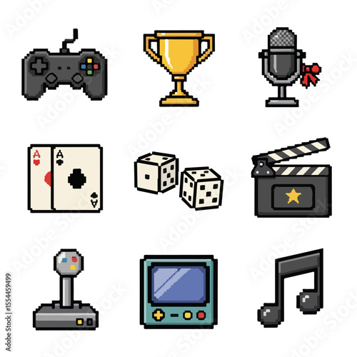 Pixelated game and entertainment icons set in vibrant colors