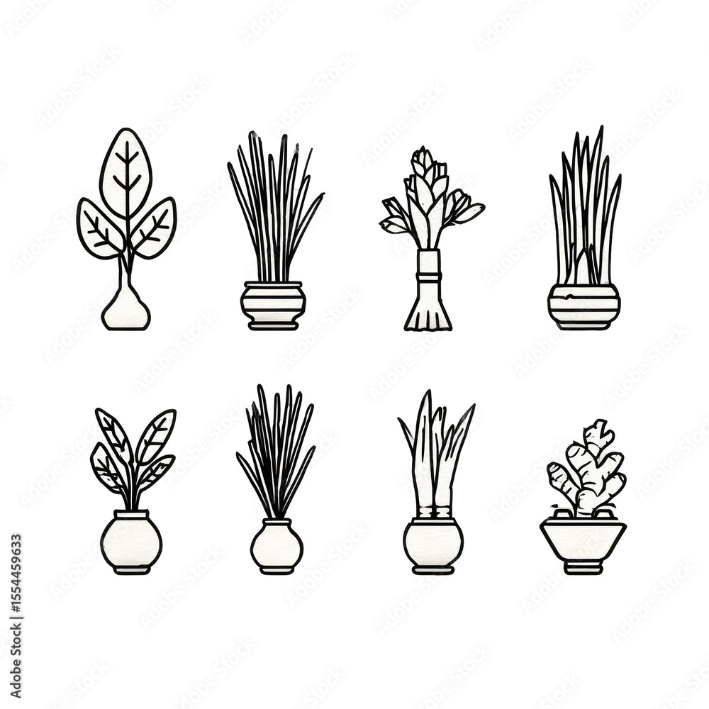 Fototapeta premium Set of Minimalistic Plant Icons in Pots for Modern Design and Creative Projects