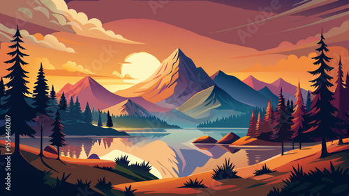 mountain, lake, sunset, reflection, water, nature, pine trees, scenery, calm, landscape, serene, mirror, dusk, semi-realistic, golden hour, peaceful, beautiful, tranquil, outdoor, detailed, light, for