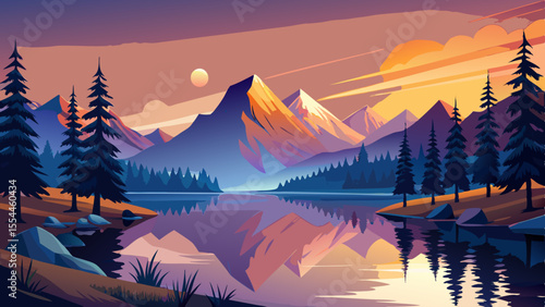 mountain, lake, sunset, reflection, water, nature, pine trees, scenery, calm, landscape, serene, mirror, dusk, semi-realistic, golden hour, peaceful, beautiful, tranquil, outdoor, detailed, light, for