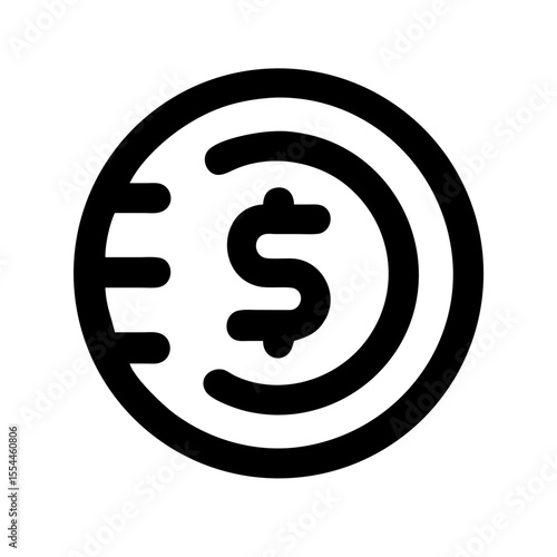 Minimal black line icon of a dollar coin in motion, symbolizing fast money transfer, payment, or digital transaction.
