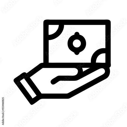 Outline icon of a hand holding paper money, representing payment, cash transaction, income, donation, or financial exchange.
