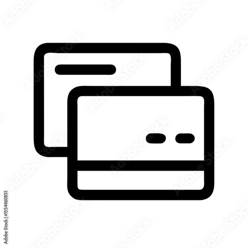 Black line icon of two overlapping credit cards, symbolizing electronic payments, banking, online shopping, and financial transactions.
