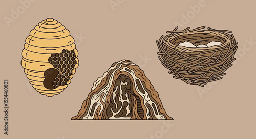 Animal Shelter Icons for Kids: Beehive, Anthill, and Bird Nest