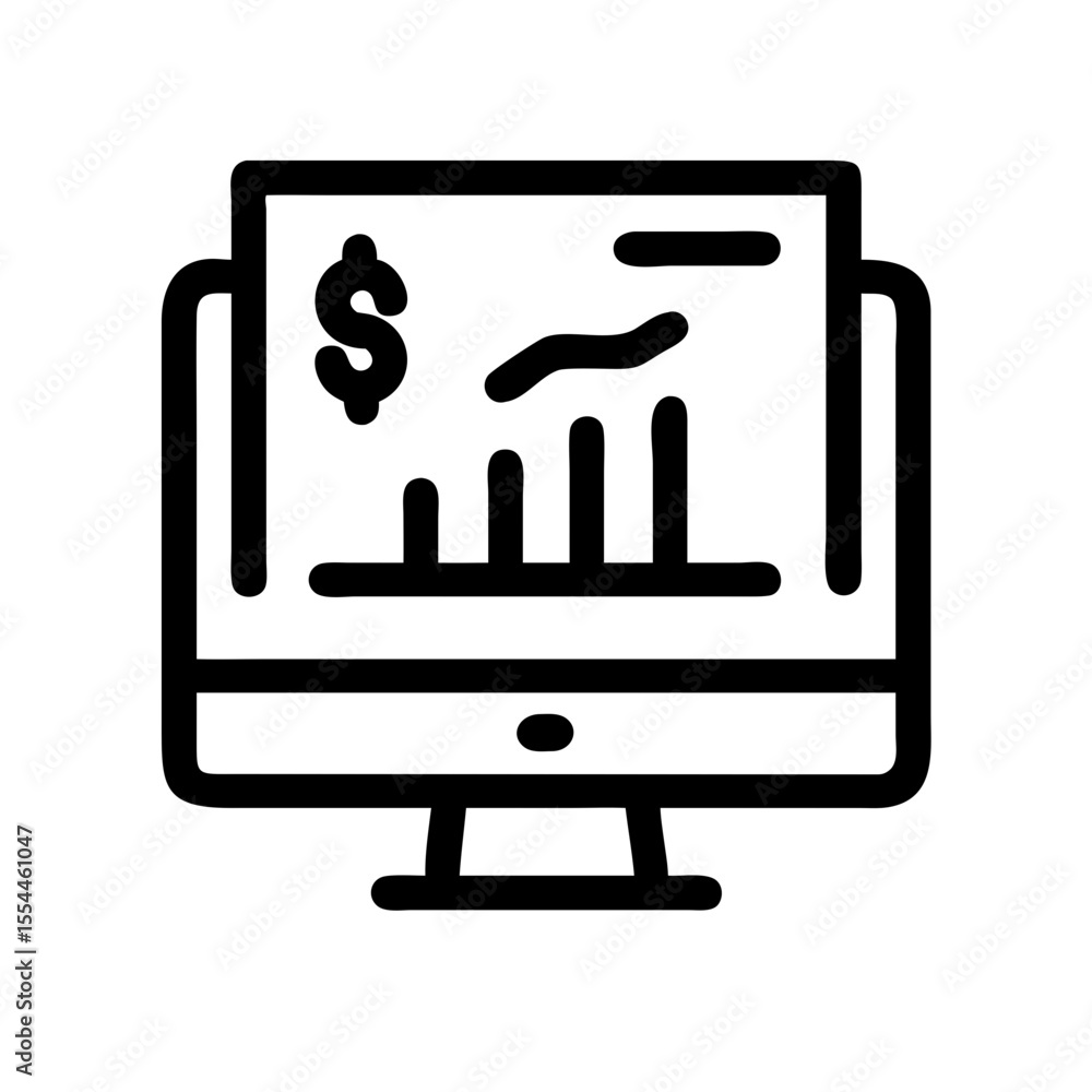 Black line icon of a computer monitor displaying a financial chart with a dollar symbol, representing market analysis or trading platform.
Black line icon of a computer monitor displaying a financial chart with a dollar symbol, representing market analysis or trading platform.