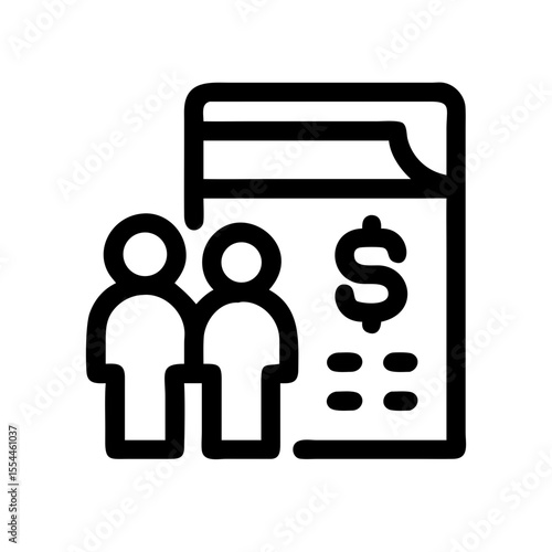 Black line icon of two people standing beside a financial document with a dollar sign, representing family budget planning or expense tracking.
