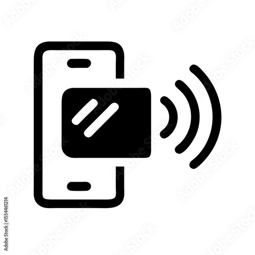 Black icon of a smartphone with a card and signal waves, representing NFC payment, contactless transactions, or mobile tap-to-pay technology.
