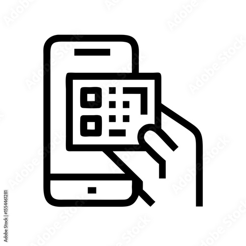 Black outline icon showing a hand holding a QR code in front of a smartphone, symbolizing digital payment, contactless transaction, or mobile scanning.
