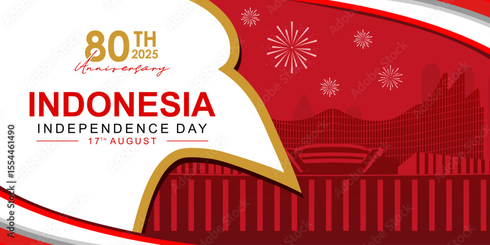 Fototapeta premium Banner or poster design for the 80th Indonesian Independence Day in 2025 with the silhouette element of the Nusantara Building at the IKN.