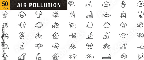 Air pollution editable outline icon set. Emissions, smog, lungs, toxic gas, factories and more.

