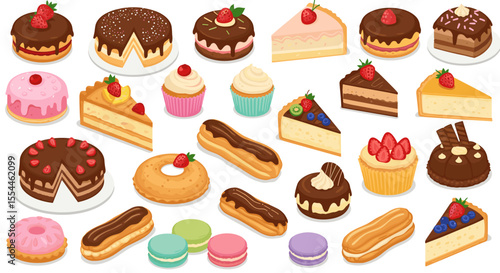 Delicious dessert collection vector illustration: tasty cakes, pastries, and sweets in flat style for menu design
