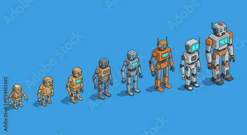 Evolution of robots vector illustration for technology concept in isometric style