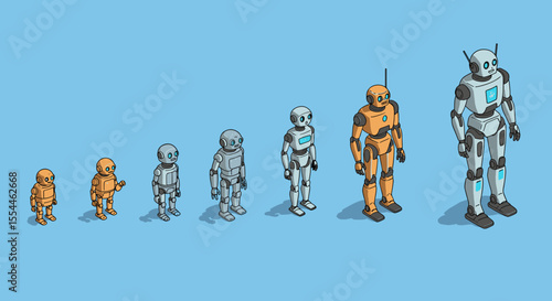 Evolution of robots vector illustration: from prototype to advanced model in isometric style for tech poster design