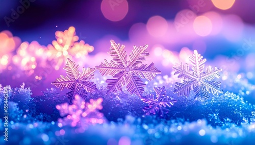 High-detail image, beautiful macro photo shot of snow crystals particles, illuminated by ultraviolet light, showing vivid reflections in a surreal atmosphere, hyper-realistic