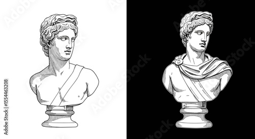 Classical sculpture bust vector illustration for art design, black and white line style
