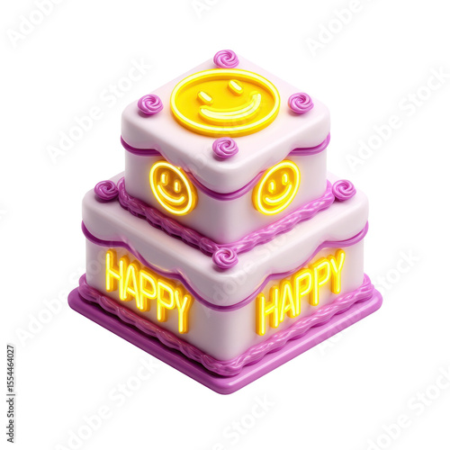 Bright and Cheerful Birthday Cake with Neon Happy Emojis and Colorful Icing for Festive Celebrations and Special Occasions