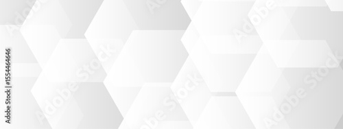Abstract seamless background with overlapping translucent white hexagons on a light gray to white gradient backdrop.  Clean, minimal, and geometric Ideal for use in tech, corporate, or medical design