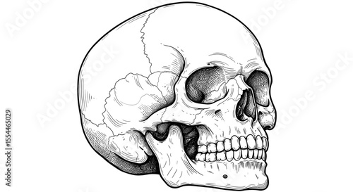Detailed human skull vector illustration for poster or educational design in hand drawn style