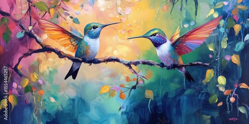 Two Hummingbirds on Branch Painting
