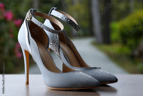 Pair of grey heeled shoes with ankle straps and small embellishments on a polished surface against a blurred background