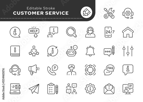 Customer service line icon set. Support, online help, assistance, 24 hrs, operator, question, info and more. Outline vector icon in linear style. Pictogram collection	