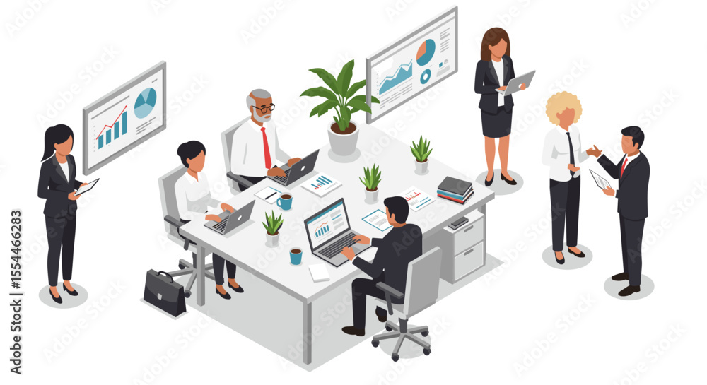 Fototapeta premium Isometric office teamwork vector illustration for business design projects