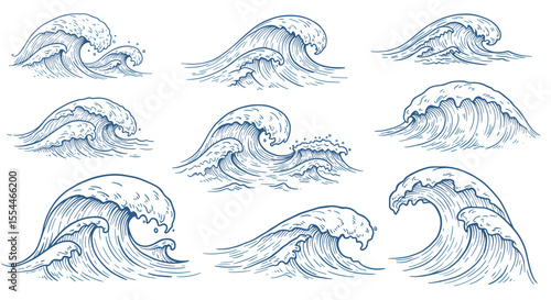 Ocean waves vector illustration: nautical themed design for posters and cards in hand drawn style