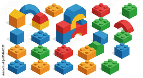 Geometric isometric building blocks vector illustration for children's playroom or educational design
