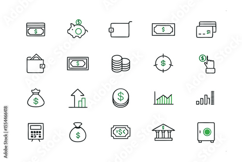 Financial Icons: A curated collection of financial icons representing various aspects of finance, designed with modern aesthetics. Each icon symbolizes an element of monetary value. 