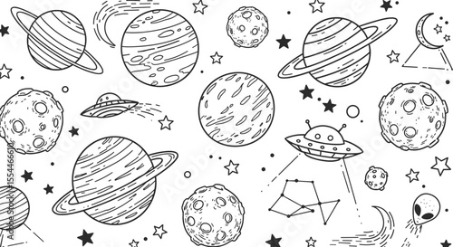 Space exploration vector illustration - seamless pattern with celestial bodies for print design in hand drawn style