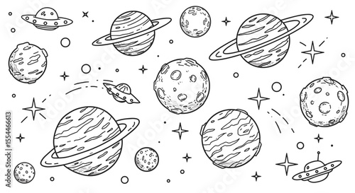 Outer space adventure: black and white vector illustration for kids - doodle planets and stars