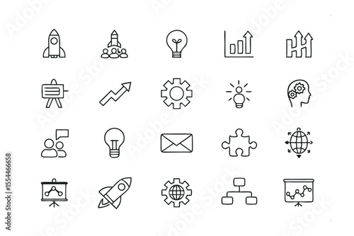 Business Icon Set: A collection of minimalist line art icons, perfectly representing various business concepts and ideas, ideal for corporate presentations, web design, and marketing materials. 