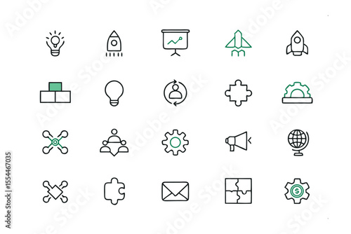 Vectorized Startup Icons: A curated collection of modern, clean-lined icons, ideal for depicting innovation, growth, and the spirit of entrepreneurial ventures.