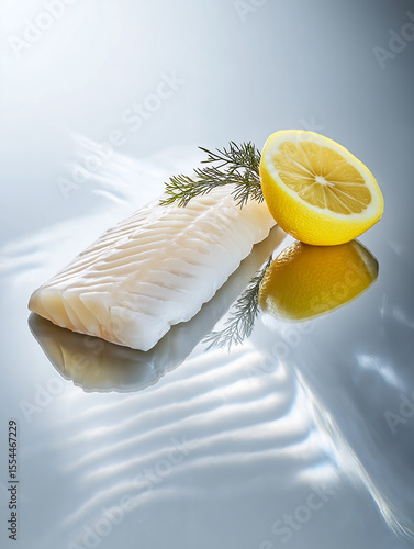 Wallpaper Mural Pollock fillet with lemon on a mirror surface. White dietary fish served with dill or rosemary and half lemon. Healthy eating, protein nutrition, steamed food. Health care, diet. Blue gray background Torontodigital.ca