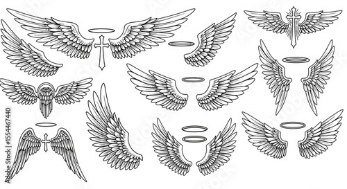 Angel wings vector illustration set for tattoo and design in line style